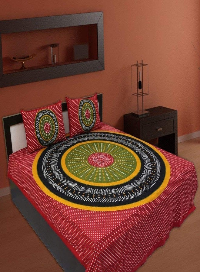 BedZone 100 % Pure Cotton Jaipuri Rajasthani Traditional Double Bedsheet with 2 Pillow Covers - Double (90”x100”)