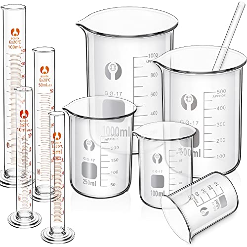 Feekoon 10 Pieces Glass Measuring Beaker and Graduated Measuring Cylinder with Stirring Rod 50/100/ 250/500/ 1000 ml Thick Glass Beakers and 5/10/ 50/100 ml Graduated Cylinders for Science Lab - Image 1