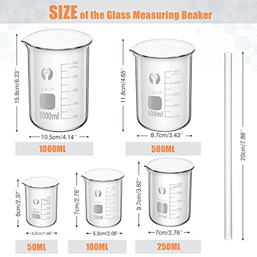 Feekoon 10 Pieces Glass Measuring Beaker and Graduated Measuring Cylinder with Stirring Rod 50/100/ 250/500/ 1000 ml Thick Glass Beakers and 5/10/ 50/100 ml Graduated Cylinders for Science Lab - Image 2