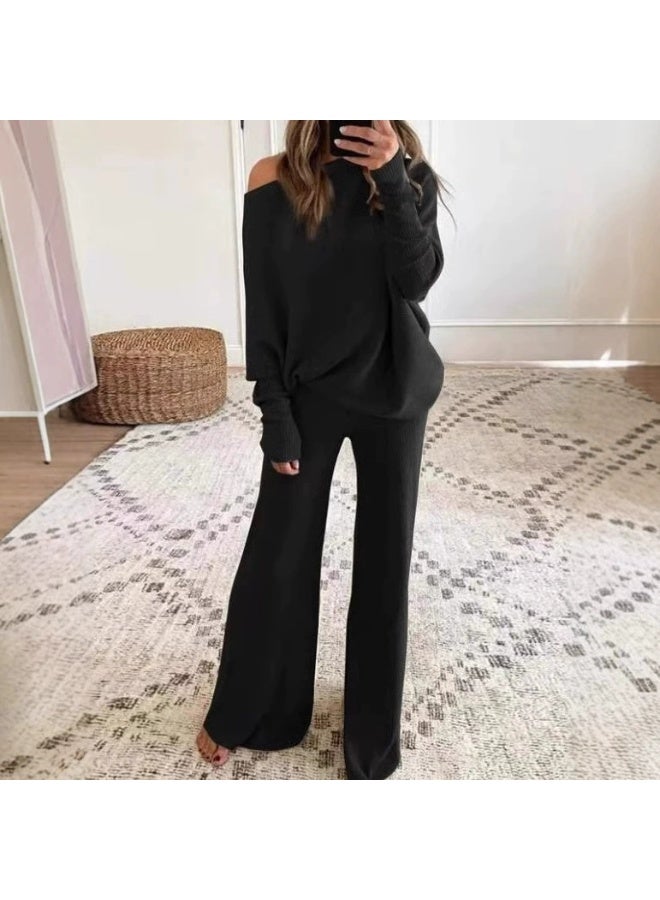 general 2025-2026 Solid-color Simple Batwing Sleeve Long-Sleeved Drawstring High-Waist Wide-Fit Long Pants Knitted Two-Piece Set - Image 1
