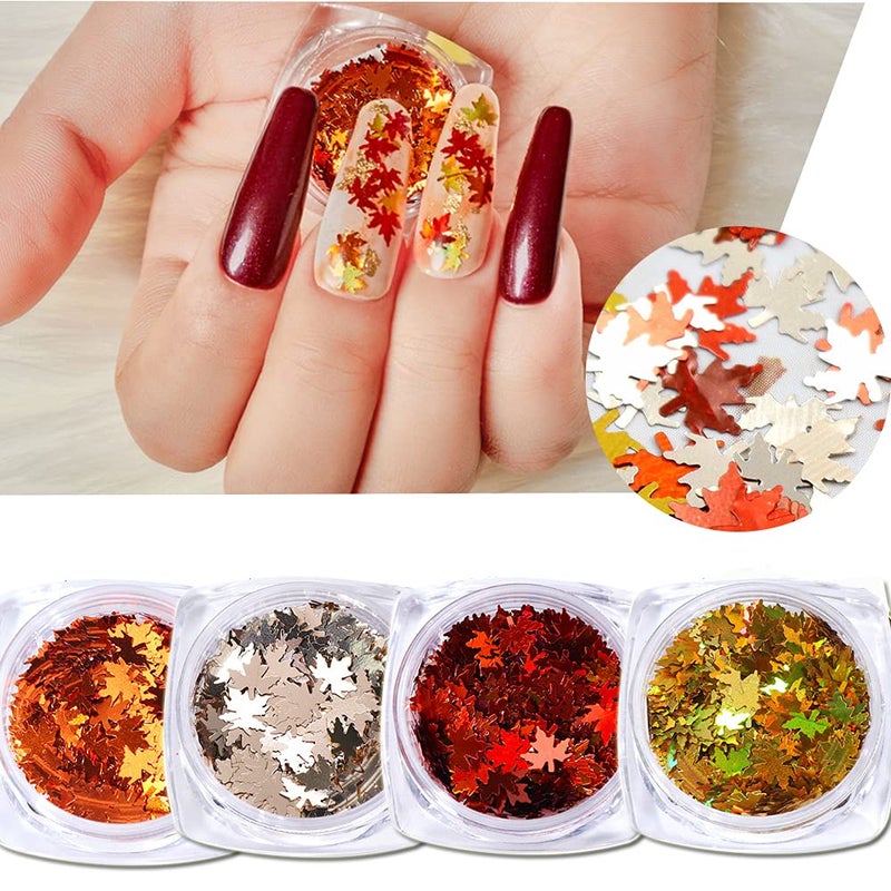 Fall Nail Art Maple Leaf Shape Holographic Glitter Flake Sequins Red Yellow Silver Orange 4 Mixed Colors Manicure Tips for Acrylic Nail Kits Women Nail Art Supplies Nail Decor Accessories