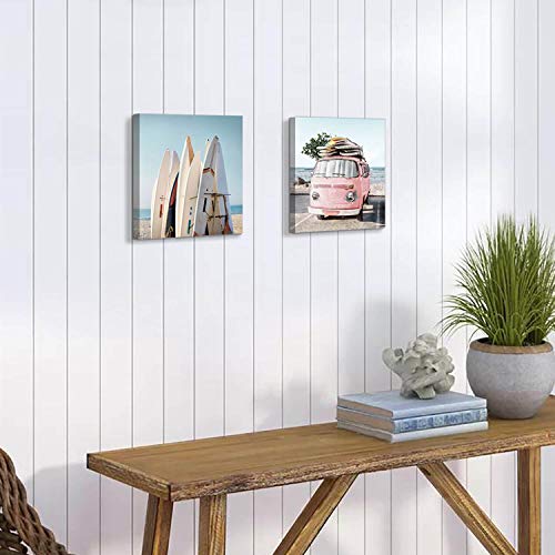 Hardy Gallery Beach Picture Coastal Art Painting: Surfboard & Pink Car Ocean Wall Art on Canvas for Bedroom Bathroom (12” x 12” x 2 Panels) - Image 4