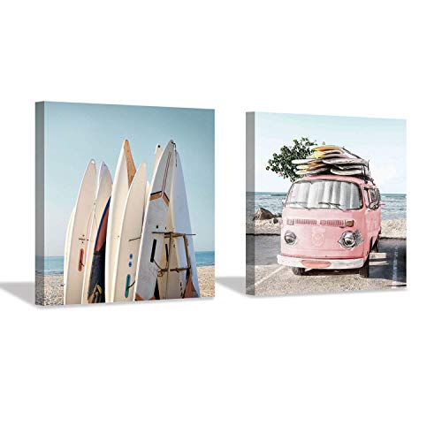 Hardy Gallery Beach Picture Coastal Art Painting: Surfboard & Pink Car Ocean Wall Art on Canvas for Bedroom Bathroom (12” x 12” x 2 Panels) - Image 1