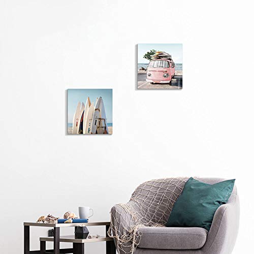Hardy Gallery Beach Picture Coastal Art Painting: Surfboard & Pink Car Ocean Wall Art on Canvas for Bedroom Bathroom (12” x 12” x 2 Panels) - Image 5