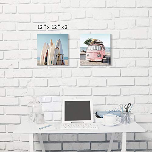 Hardy Gallery Beach Picture Coastal Art Painting: Surfboard & Pink Car Ocean Wall Art on Canvas for Bedroom Bathroom (12” x 12” x 2 Panels) - Image 2