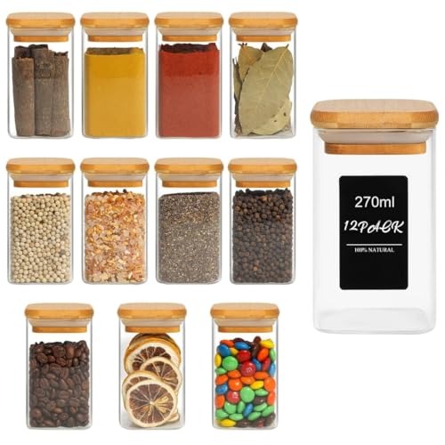 SILIVO Spice Jars with Airtight Bamboo Lid [Square, Pack Of 12, 270ml] - Glass Spice Bottles, Seasoning Jars and Containers for Salt, Sugar, Coffee Beans - Set of 12 Jars with Wooden Lids - Image 1
