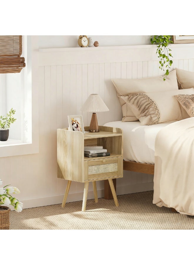 Chulovs Faux Rattan-Accented Nightstand Set of 2, with Decorative Drawer, Rattan-Style End Table with Solid Wood Legs, Open-Storage Bedside Table – Ideal for Bedrooms, Living Rooms, Dormitories - Image 2