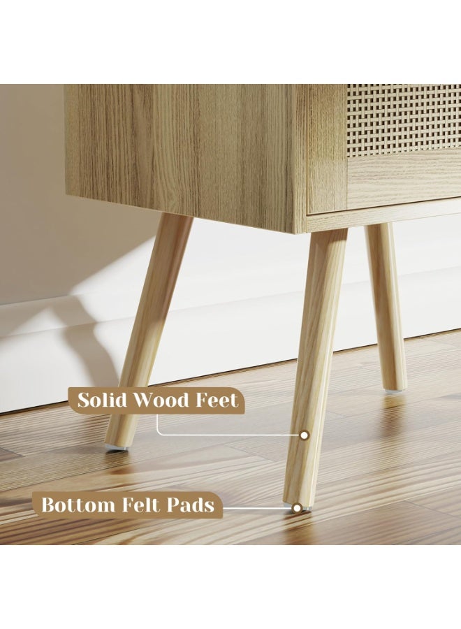 Chulovs Faux Rattan-Accented Nightstand Set of 2, with Decorative Drawer, Rattan-Style End Table with Solid Wood Legs, Open-Storage Bedside Table – Ideal for Bedrooms, Living Rooms, Dormitories - Image 4
