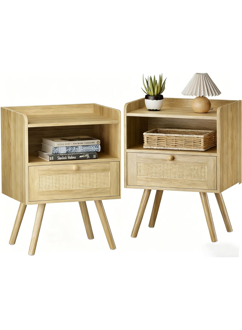 Chulovs Faux Rattan-Accented Nightstand Set of 2, with Decorative Drawer, Rattan-Style End Table with Solid Wood Legs, Open-Storage Bedside Table – Ideal for Bedrooms, Living Rooms, Dormitories - Image 1