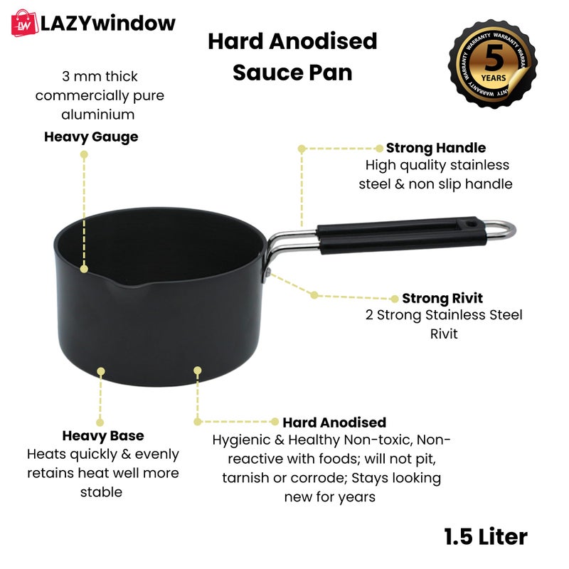 LAZYwindow Hard Anodized Sauce Pan, 1.5 Litre, Black, Induction Base - Image 3