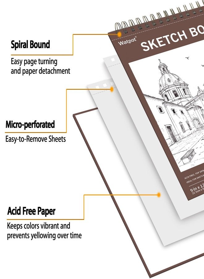 Watpot 9" x 12" Hard Cover Sketch Book, Top Spiral Bound Sketch Pad, 100 Sheets 68lb/100gsm Drawing Paper, 1 Pack - Image 4