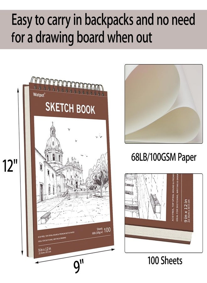 Watpot 9" x 12" Hard Cover Sketch Book, Top Spiral Bound Sketch Pad, 100 Sheets 68lb/100gsm Drawing Paper, 1 Pack - Image 2