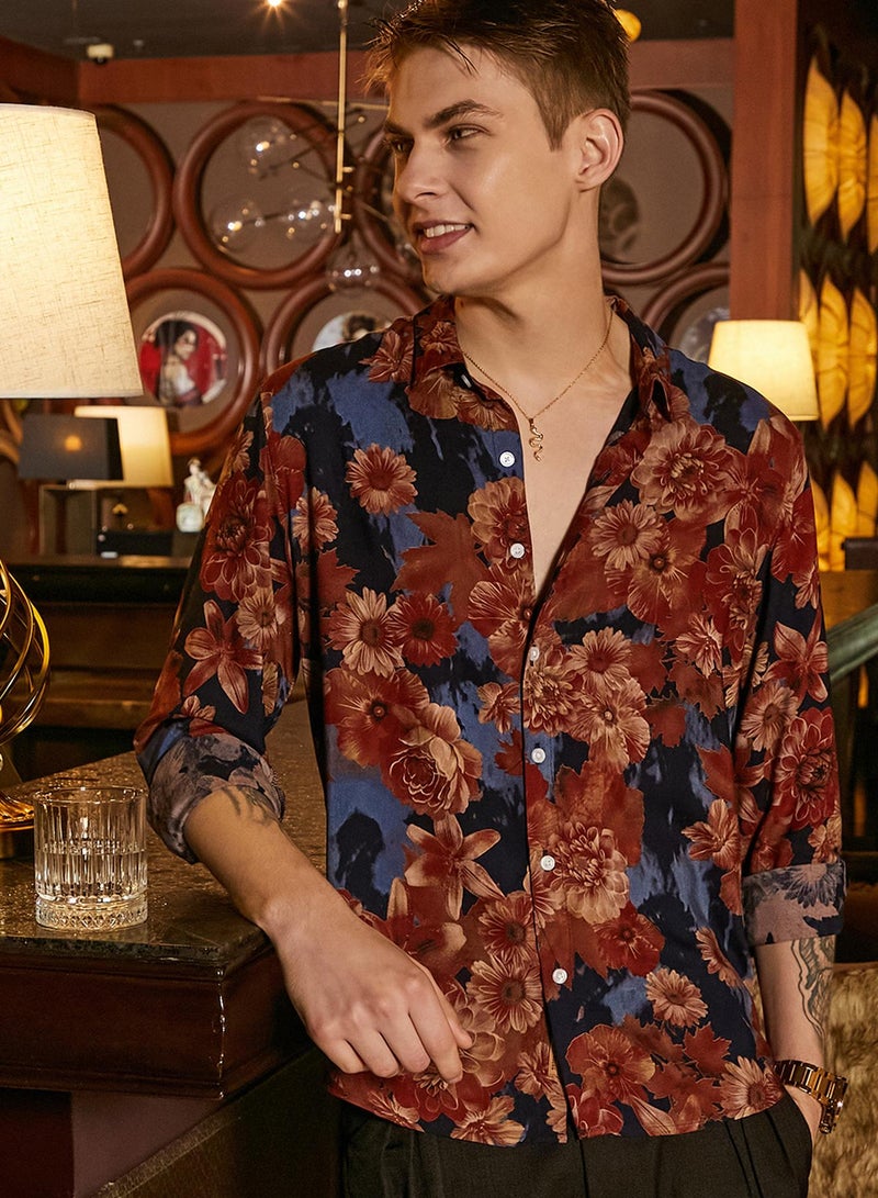 Campus Sutra Men's Chocolate Brown & Midnight Black Floral Overlap Shirt  - Image 1