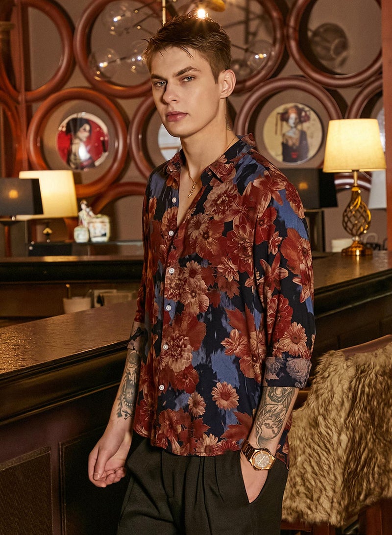 Campus Sutra Men's Chocolate Brown & Midnight Black Floral Overlap Shirt  - Image 3