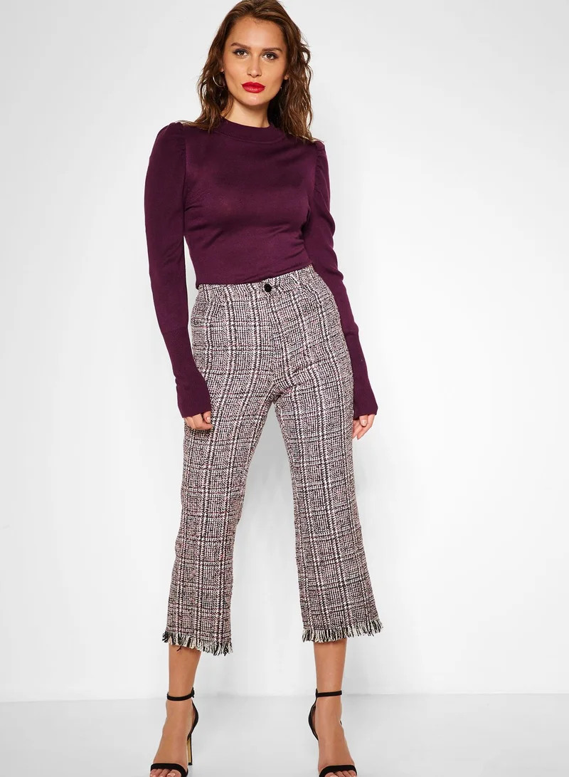 LOST INK Checked Fray Hem Cropped Pants