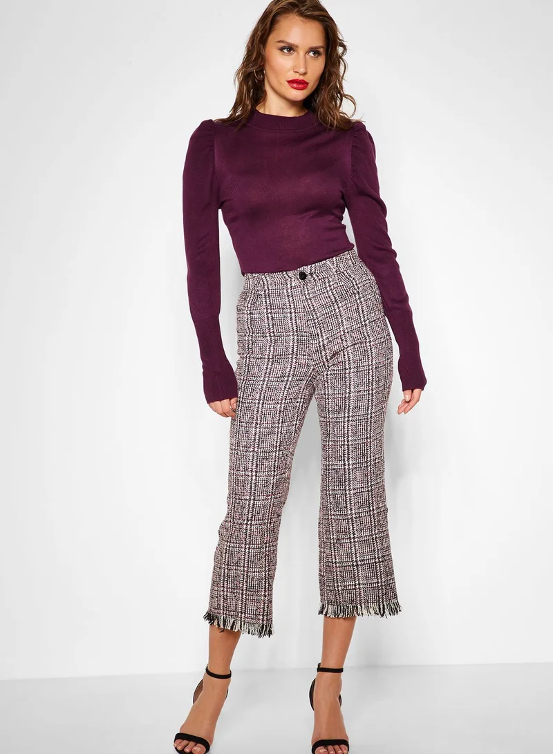 LOST INK Checked Fray Hem Cropped Pants