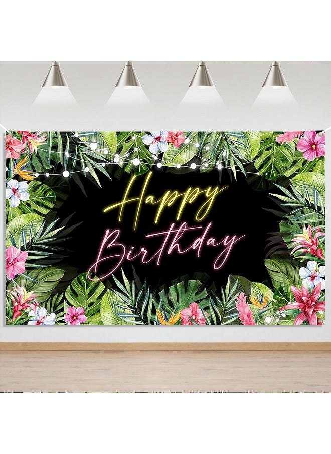 Mocsicka Mocsicka Hawaiian Tropical Birthday Backdrop Banner Tropical Palm Leaves Birthday Party Background Luau Happy Birthday Party Decorations Aloha Birthday Banner Party Banner  - Image 1