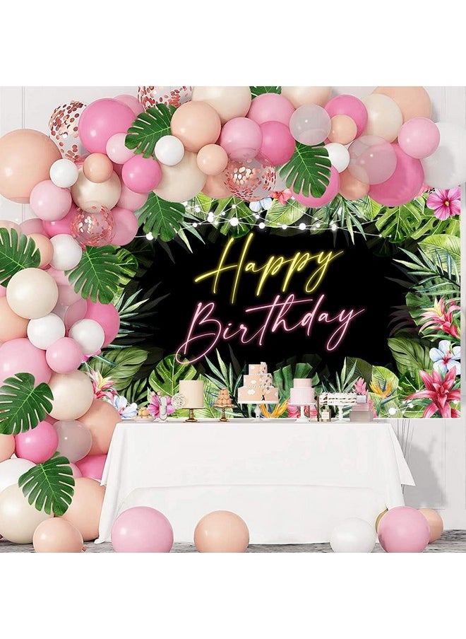 Mocsicka Mocsicka Hawaiian Tropical Birthday Backdrop Banner Tropical Palm Leaves Birthday Party Background Luau Happy Birthday Party Decorations Aloha Birthday Banner Party Banner  - Image 2