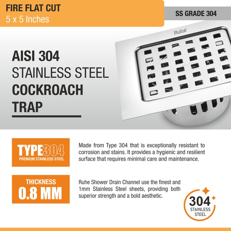 Ruhe® Square Fire Flat Cut Floor Drain | 304-Grade Stainless Steel Drain Jali | 5 X 5 Inches | Glass Finish | Floor Drainer with Cockroach Trap/Jali - Image 5