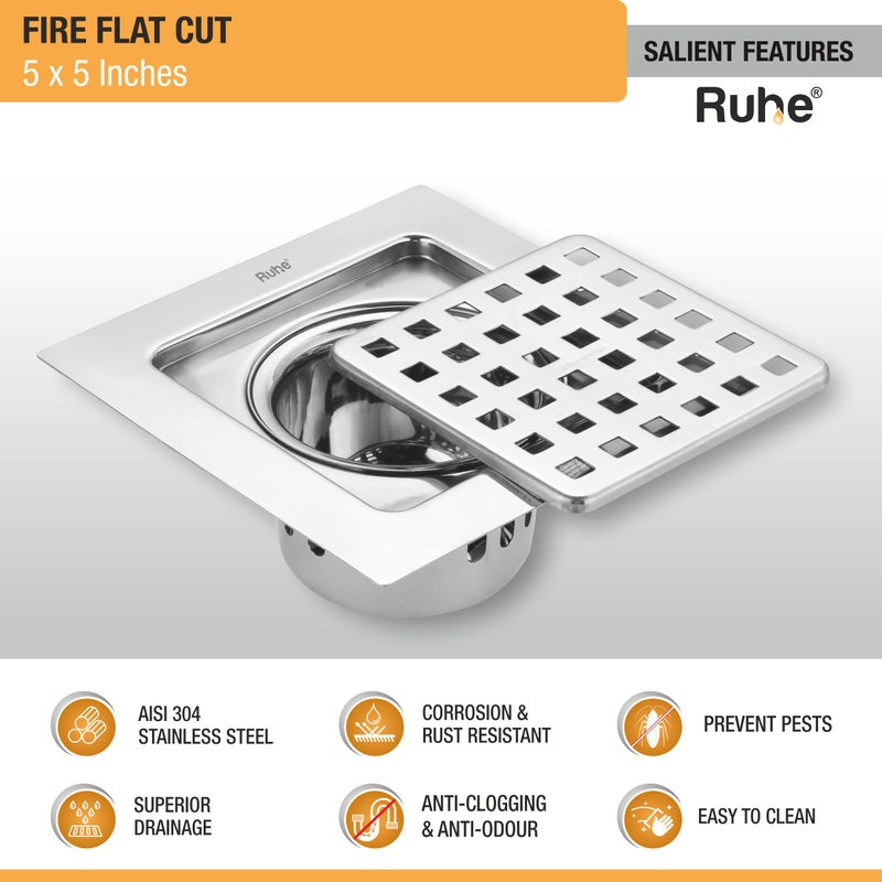 Ruhe® Square Fire Flat Cut Floor Drain | 304-Grade Stainless Steel Drain Jali | 5 X 5 Inches | Glass Finish | Floor Drainer with Cockroach Trap/Jali - Image 3