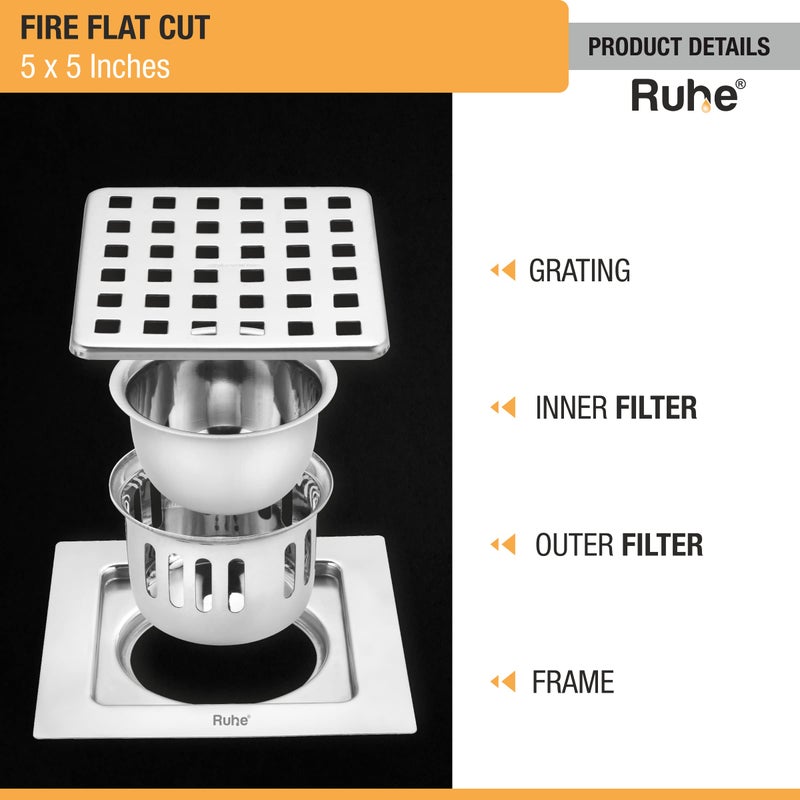 Ruhe® Square Fire Flat Cut Floor Drain | 304-Grade Stainless Steel Drain Jali | 5 X 5 Inches | Glass Finish | Floor Drainer with Cockroach Trap/Jali - Image 4