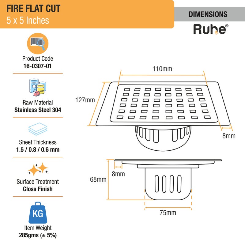 Ruhe® Square Fire Flat Cut Floor Drain | 304-Grade Stainless Steel Drain Jali | 5 X 5 Inches | Glass Finish | Floor Drainer with Cockroach Trap/Jali - Image 2