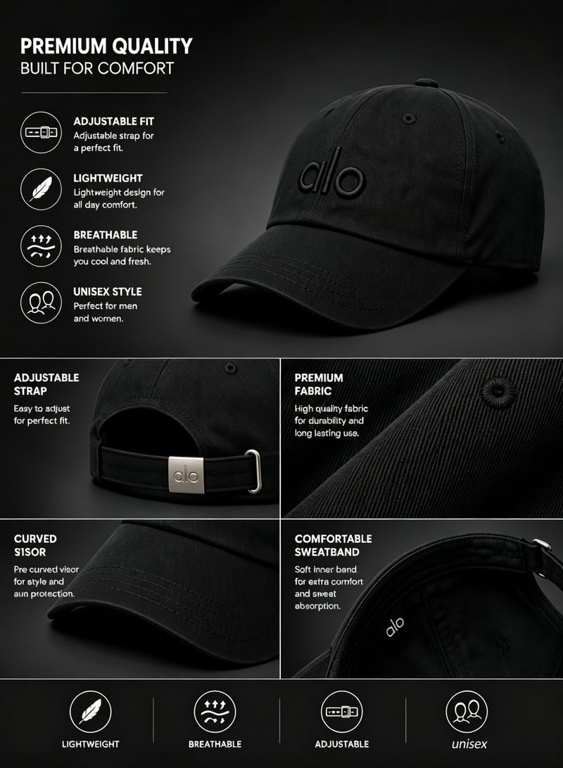 Alo Yoga Premium Unisex Adjustable Baseball Cap – Lightweight Breathable Casual Sports Hat for Men & Women, Minimal Streetwear Style, Curved Visor Black Cap - Image 4
