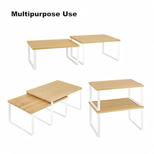 NEX Bamboo Kitchen Cabinet and Counter Shelf Organizer, Stackable & Expandable, Set of 4, White and Natural - Image 5