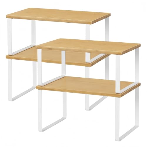 NEX Bamboo Kitchen Cabinet and Counter Shelf Organizer, Stackable & Expandable, Set of 4, White and Natural - Image 1