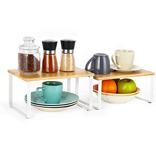 NEX Bamboo Kitchen Cabinet and Counter Shelf Organizer, Stackable & Expandable, Set of 4, White and Natural - Image 2