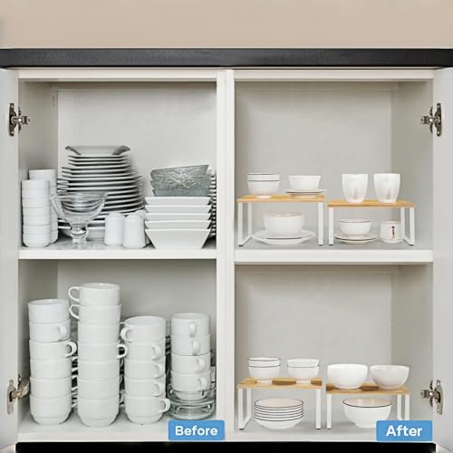 NEX Bamboo Kitchen Cabinet and Counter Shelf Organizer, Stackable & Expandable, Set of 4, White and Natural - Image 4