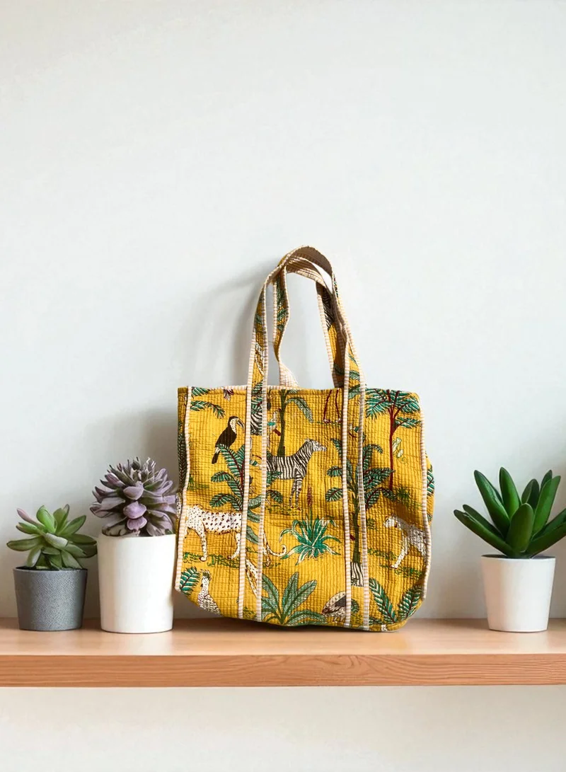 Tohfa Luxe Tohfa Luxe  Amaya Jungle Stitch Tote Handbag - Hand Block- Printed Cotton