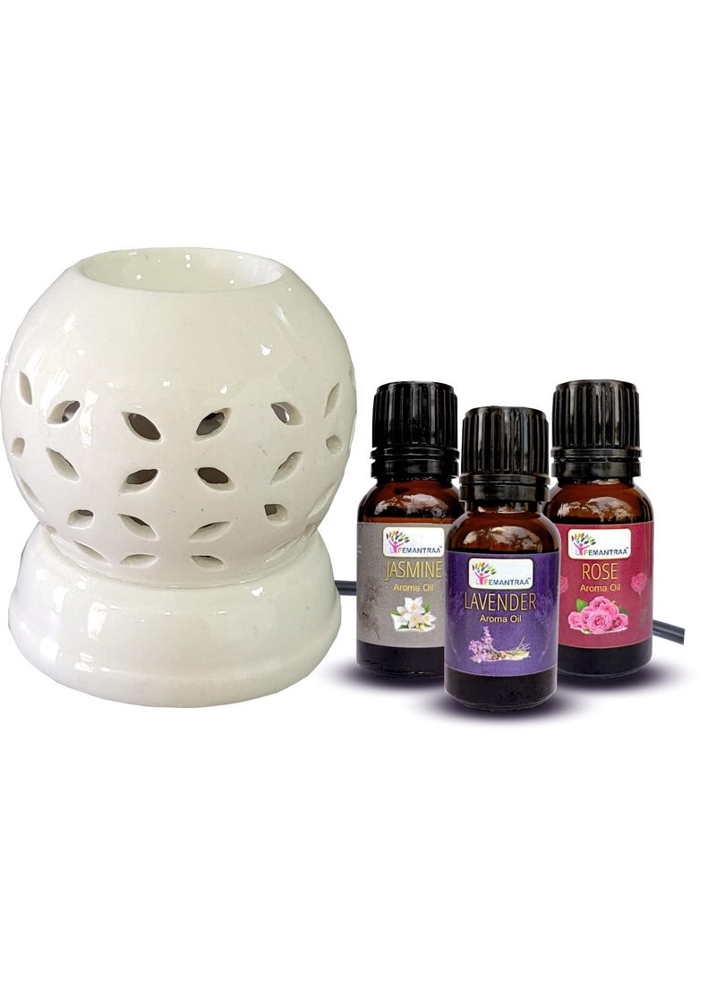 Lifemantraa Lifemantraa Ceramic Electric Diffuser for Home Fragrance Burner for Air Freshener with Rose Mogra and Lavender Aroma Oil for Room Fresheners and Bulb Round White Color  - Image 1