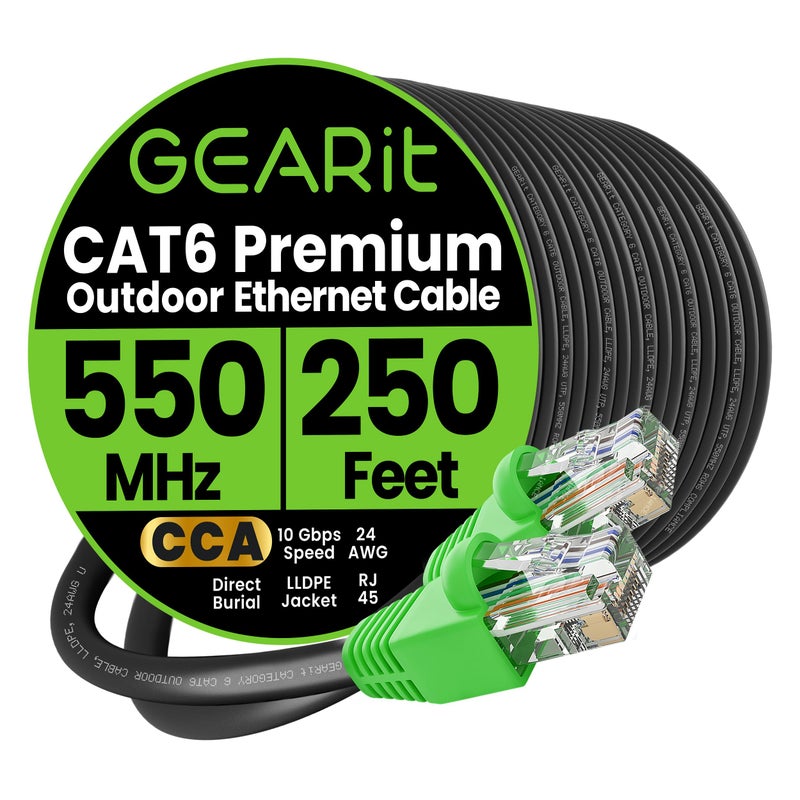 GEARit Cat6 Ethernet Cable 250ft, Outdoor Direct Burial Cat 6 Cable 24AWG High Speed Up to 10Gbps, LLDPE (PE) UV-Resistant Waterproof Jacket, CCA RJ45 Network Internet Cable for Router- Black,250FT - Image 1
