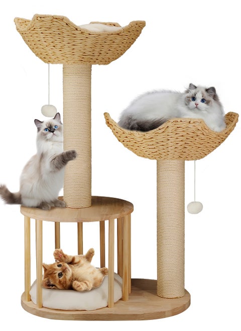 Cat Tree Scratching Post Modern Cat Tree for Indoor Cats 3-Tier Activity Tower with Plush Cushions Baskets Condo Sisal Scratching Posts and Dangling Ball for Kittens and Cats