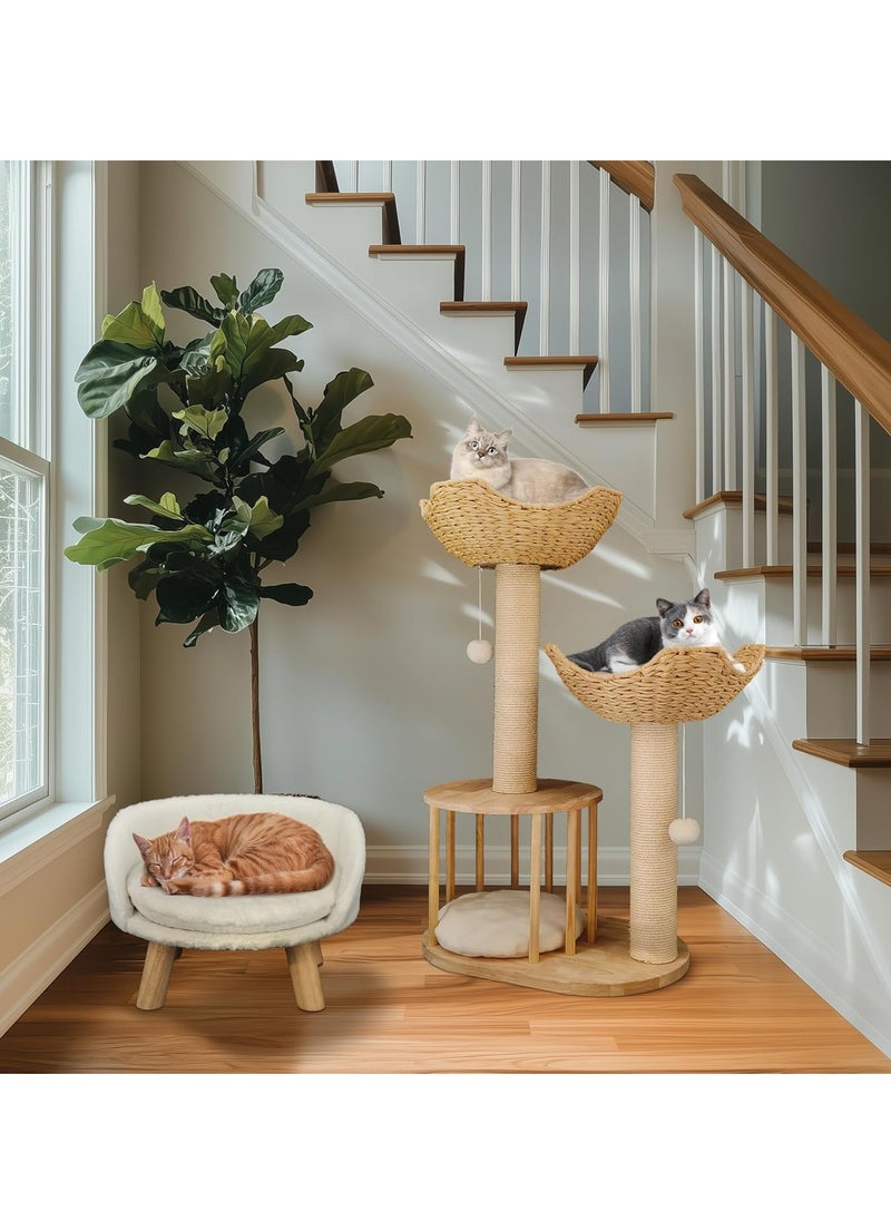 Cat Tree Scratching Post Modern Cat Tree for Indoor Cats 3-Tier Activity Tower with Plush Cushions Baskets Condo Sisal Scratching Posts and Dangling Ball for Kittens and Cats