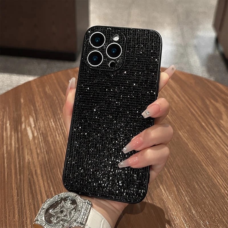 Glitter Black Shiny Leather Texture Phone Case for iPhone 16 Pro Max, Huawei Mate 60 Pro, Pura 80, OPPO Reno 14, vivo X200, Samsung S19 - Luxury Style - Image 4