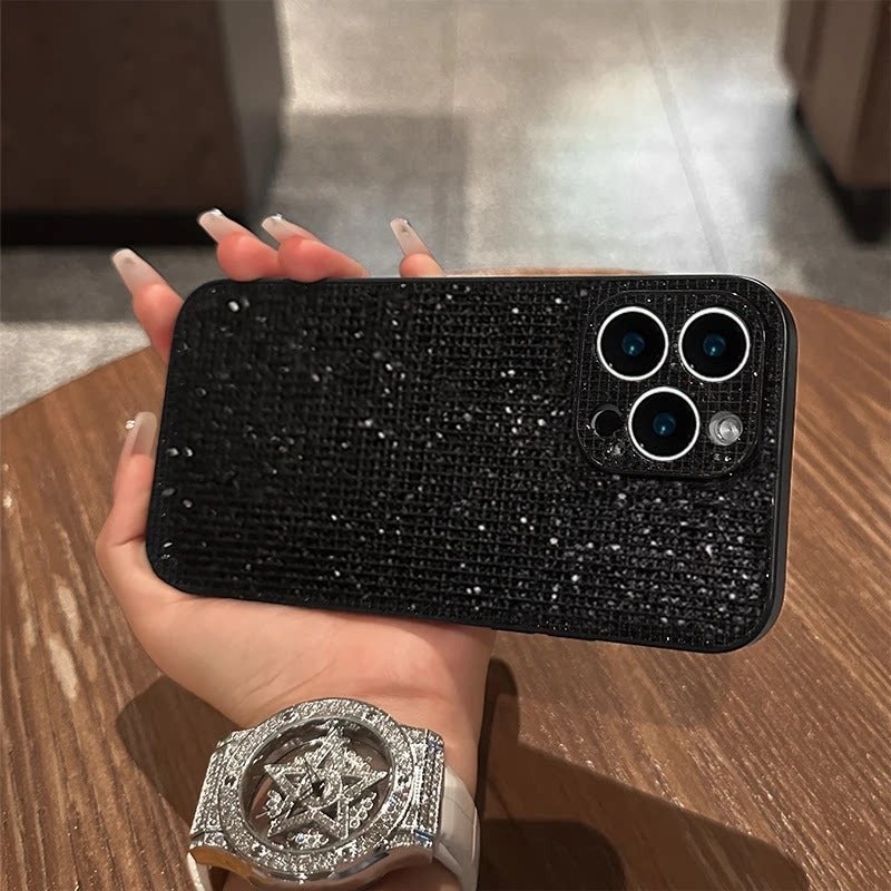 Glitter Black Shiny Leather Texture Phone Case for iPhone 16 Pro Max, Huawei Mate 60 Pro, Pura 80, OPPO Reno 14, vivo X200, Samsung S19 - Luxury Style - Image 1