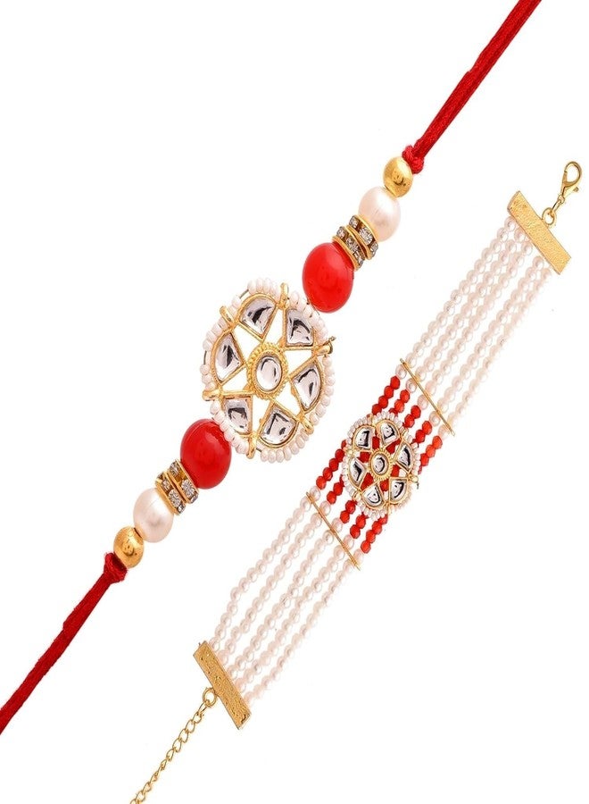 RAGHAV Pearl and Kundan Bracelet Rakhi Set for Brother and Bhaiya Bhabhi Raksha Bandhan Couple Rakhi Combo (2 Pcs, Red & White) - Image 1