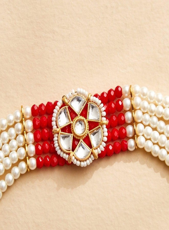 RAGHAV Pearl and Kundan Bracelet Rakhi Set for Brother and Bhaiya Bhabhi Raksha Bandhan Couple Rakhi Combo (2 Pcs, Red & White) - Image 5