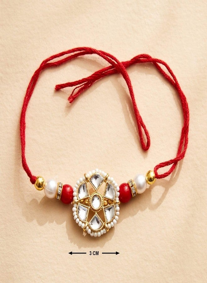 RAGHAV Pearl and Kundan Bracelet Rakhi Set for Brother and Bhaiya Bhabhi Raksha Bandhan Couple Rakhi Combo (2 Pcs, Red & White) - Image 4