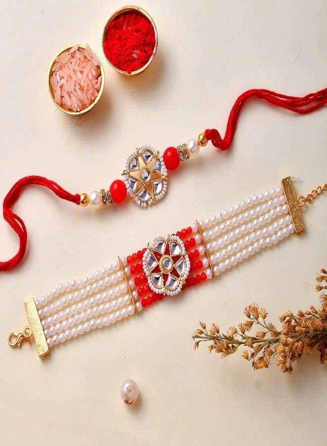 RAGHAV Pearl and Kundan Bracelet Rakhi Set for Brother and Bhaiya Bhabhi Raksha Bandhan Couple Rakhi Combo (2 Pcs, Red & White) - Image 2