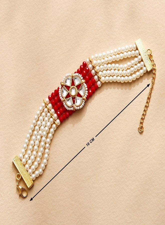 RAGHAV Pearl and Kundan Bracelet Rakhi Set for Brother and Bhaiya Bhabhi Raksha Bandhan Couple Rakhi Combo (2 Pcs, Red & White) - Image 3