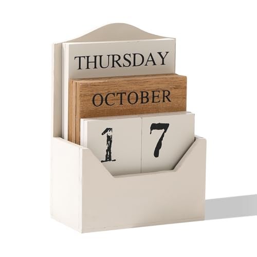 Aovdy Perpetual Calendar Wooden Blocks Calendar for Home Office Desk Date Week Month Accessories (Vintage White Calendar) - Image 1