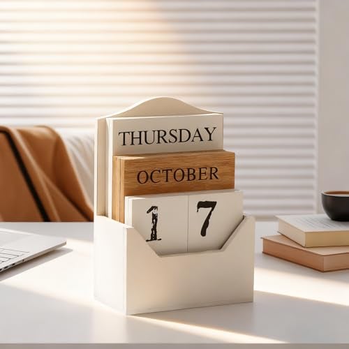 Aovdy Perpetual Calendar Wooden Blocks Calendar for Home Office Desk Date Week Month Accessories (Vintage White Calendar) - Image 5