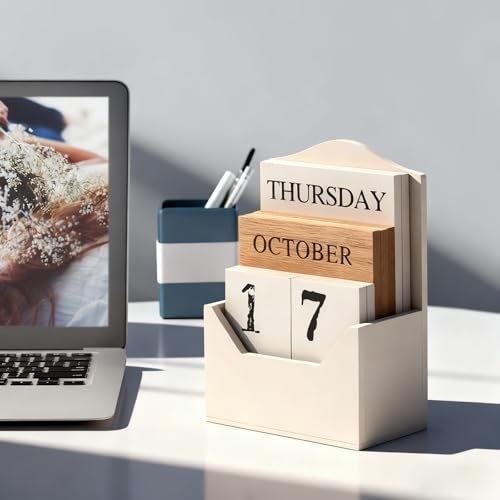 Aovdy Perpetual Calendar Wooden Blocks Calendar for Home Office Desk Date Week Month Accessories (Vintage White Calendar) - Image 4