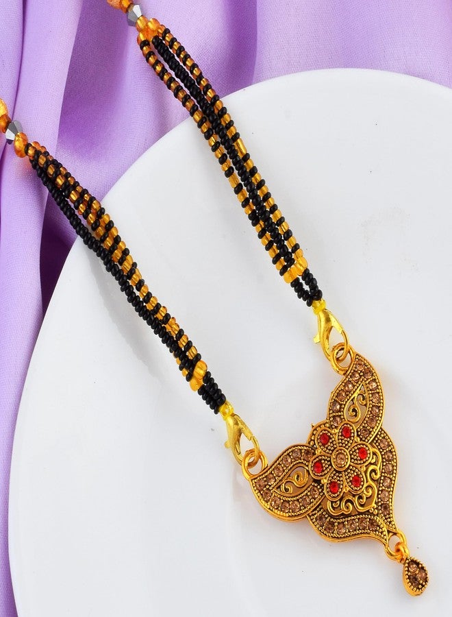 DULCI Antique Gold-Finish Floral Stone Mangalsutra Pendant Ornate Filigree Red Accents - Image 4