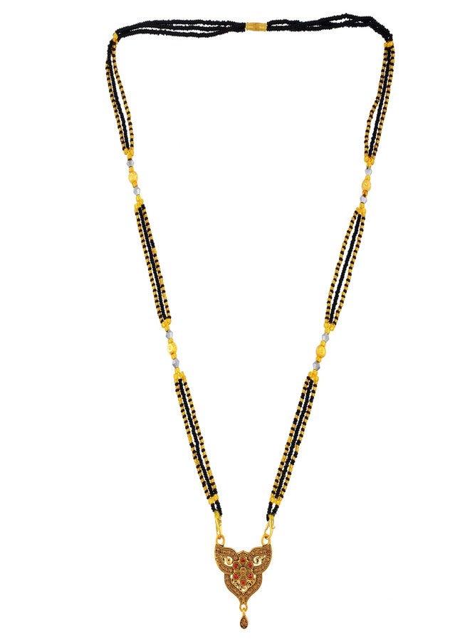 DULCI Antique Gold-Finish Floral Stone Mangalsutra Pendant Ornate Filigree Red Accents - Image 3