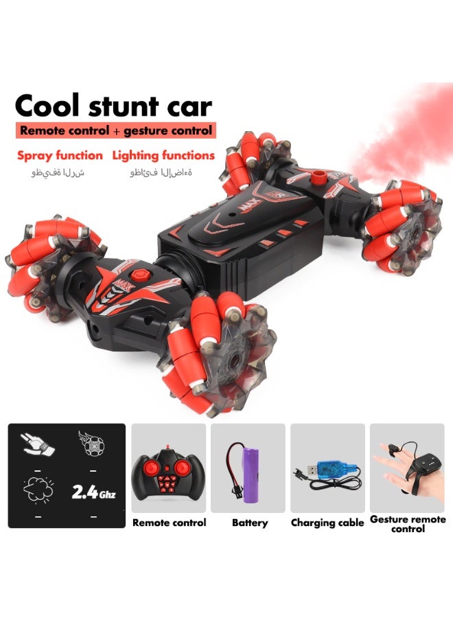 سيارة أكروباتية يتم التحكم فيها عن بعد مزودة بوظيفة الرش، وتتميز بجهاز تحكم يدوي وجهاز تحكم عن بعد على شكل ساعة يدوية مزود بمستشعر للجاذبية. مركبة قابلة للتحويل ثنائية الوضع مزودة بإطارات مخصصة لتناسب مختلف أنواع التضاريس. - Image 1