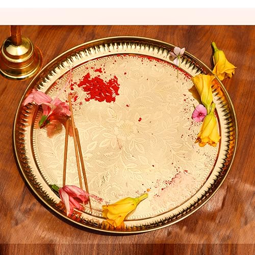 Pure Source India Handmade Flower Embossed Design Brass Puja Thali, Meenakari Pital Aarti Plate Used for Hindu Rituals Like Pooja, Karwa Chauth, Rakhi, Diwali, Return Gift Items (6 inches) - Image 2